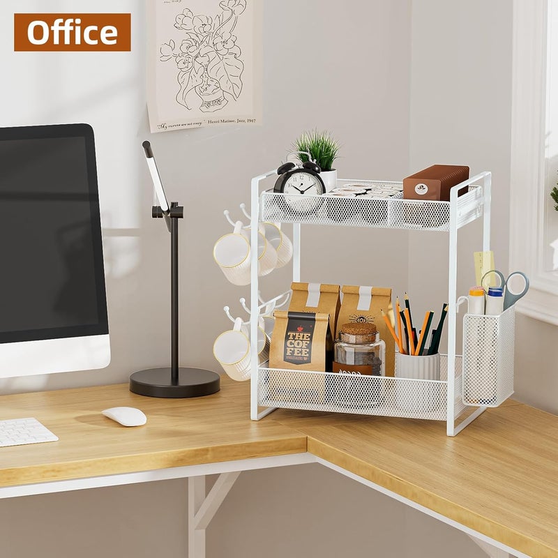 VITVITI Coffee Bar Organizer with Mug Holder, Metal Coffee Station Organizer for Countertop, 2 Tier Cup Mug Holders Rack with Basket for Kitchen Office, White - Image 5